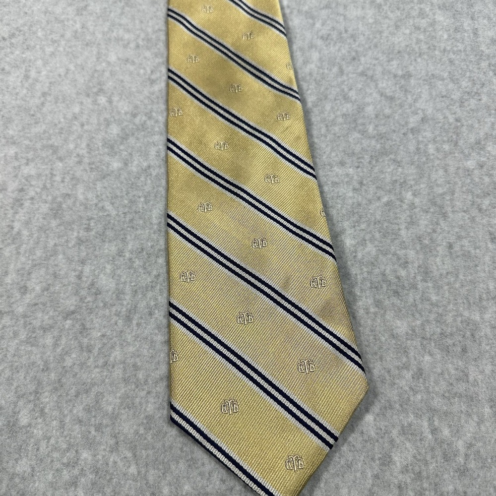 Brooks Brothers Silk Repp Tie Gold Navy Blue Striped Logo Embroidery Made In USA